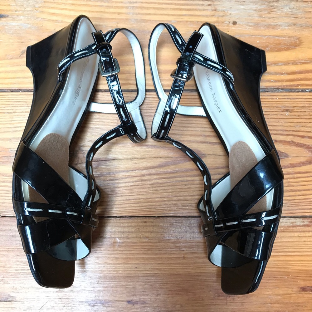 Etienne Aigner Black Patent Leather Wedge Sandals, EUC, 8